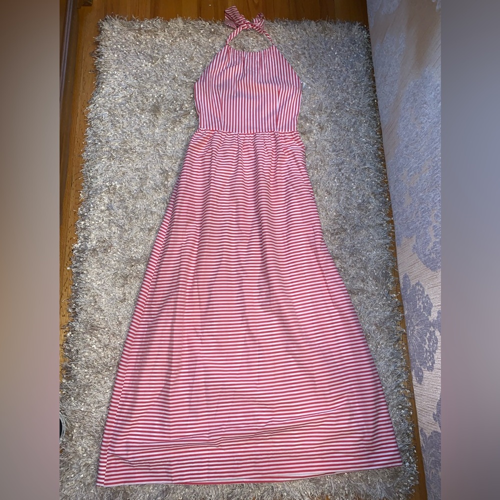 CK Bradley Striped Coral/Red and White Halter Maxi Dress - sz S